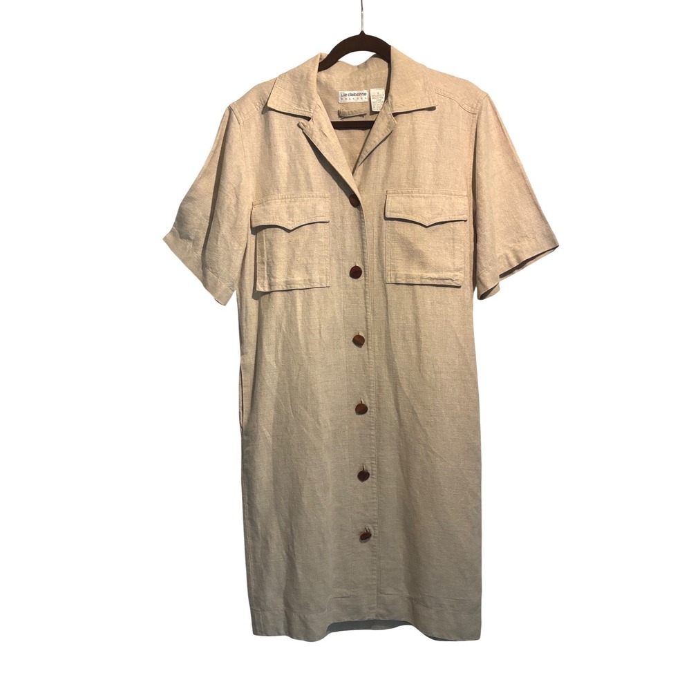Liz Claiborne Vintage Linen Cotton Shirt Dress Beige Utility 6 Minimalist Earthy